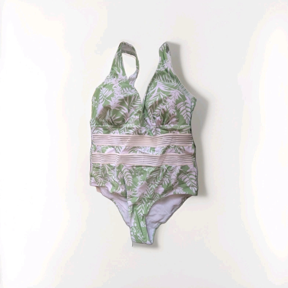 Green and White Tummy Control Tropical Floral One Piece Swimsuit